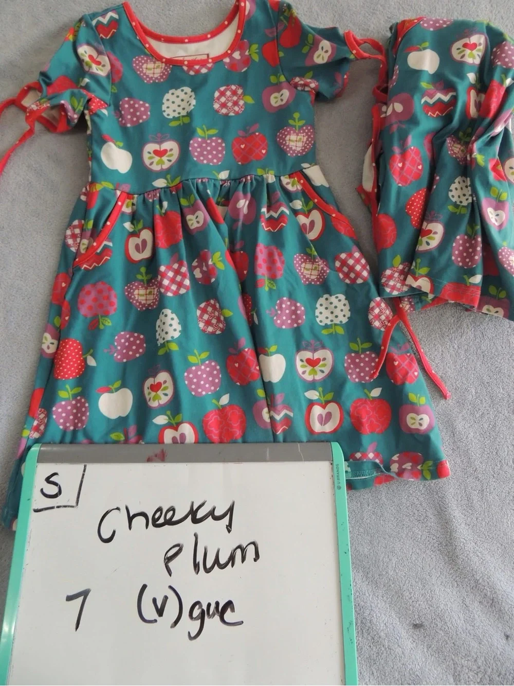 Cheeky Plum back to school Teal Apple Print Dress with Pink Accents twin set